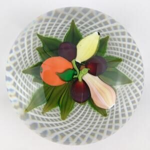 Perthshire 1980D Fruit 3D Pear Orange Lemon Plums Latticinio Paperweight Cert